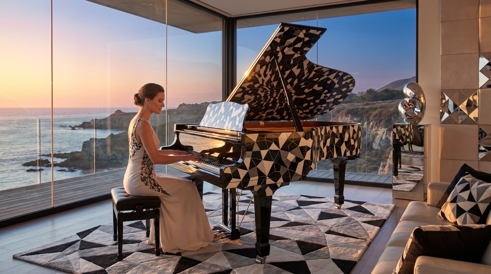 A used grand piano being inspected